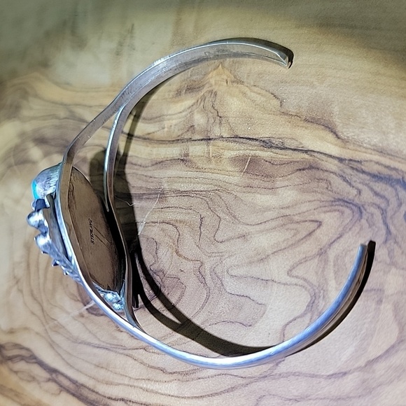 Vintage 925 Sterling Silver Turquoise and Red Coral Leaf Cuff Bracelet 7" Wrist - Picture 6 of 8